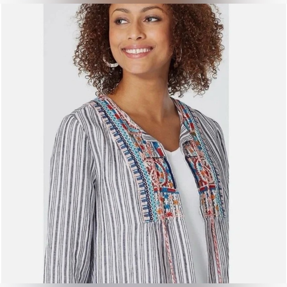 J. Jill Love Linen Striped Embroidered Boho Tunic Top with Tassels L - Picture 2 of 14